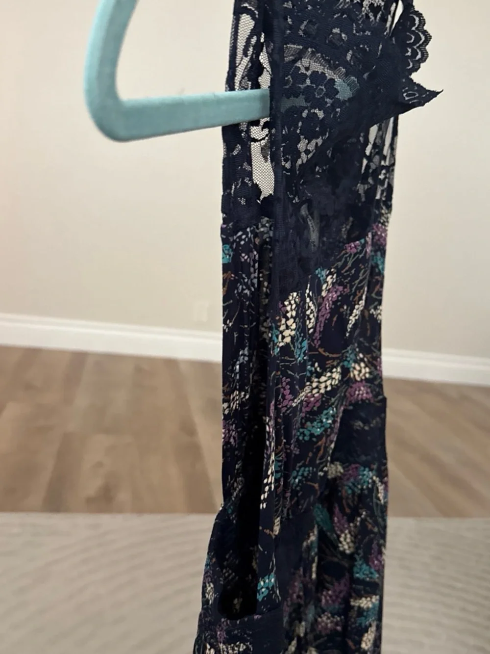 Free People Navy Floral-Print Lace Bodice Dress, XS